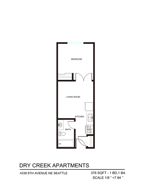 Floor plan for 1 bed, 1 bath, 347 sqft